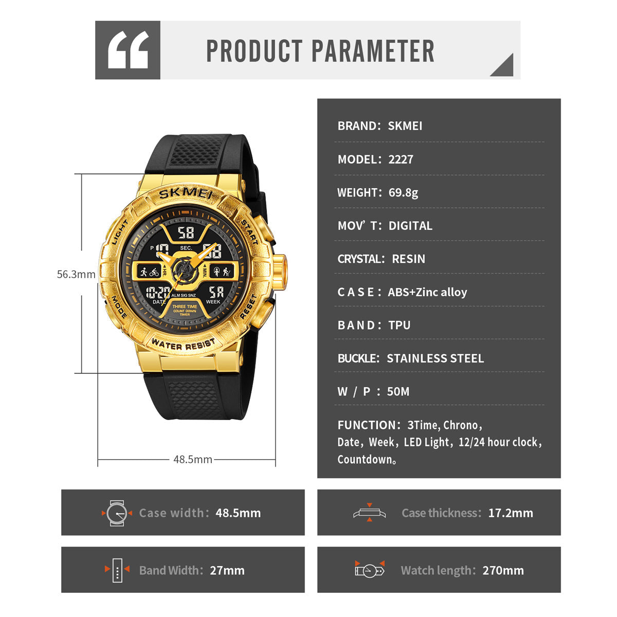 2227 Reloj Skmei deportivo para caballero pulsera de resina