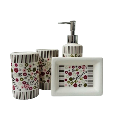 3215 Set de baño blanco con diseño floral 4 piezas