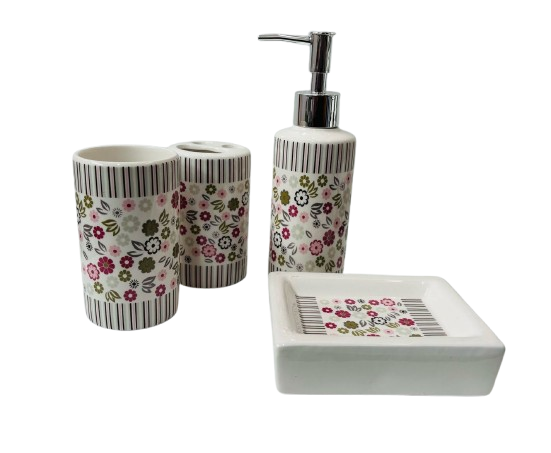 3215 Set de baño blanco con diseño floral 4 piezas