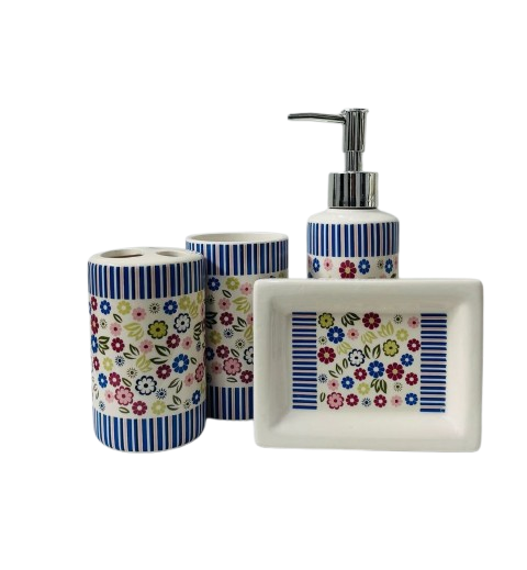 3215 Set de baño blanco con diseño floral 4 piezas