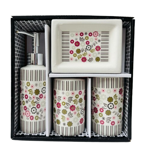 3215 Set de baño blanco con diseño floral 4 piezas