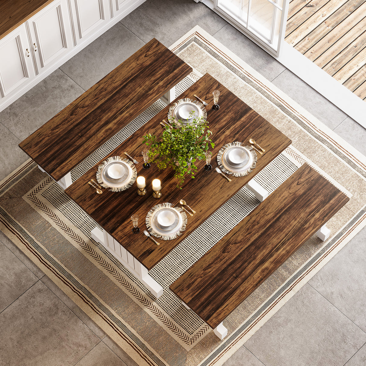 HOGA-F1927 Juego de Comedor 3 Piezas con Bancas Tribesigns