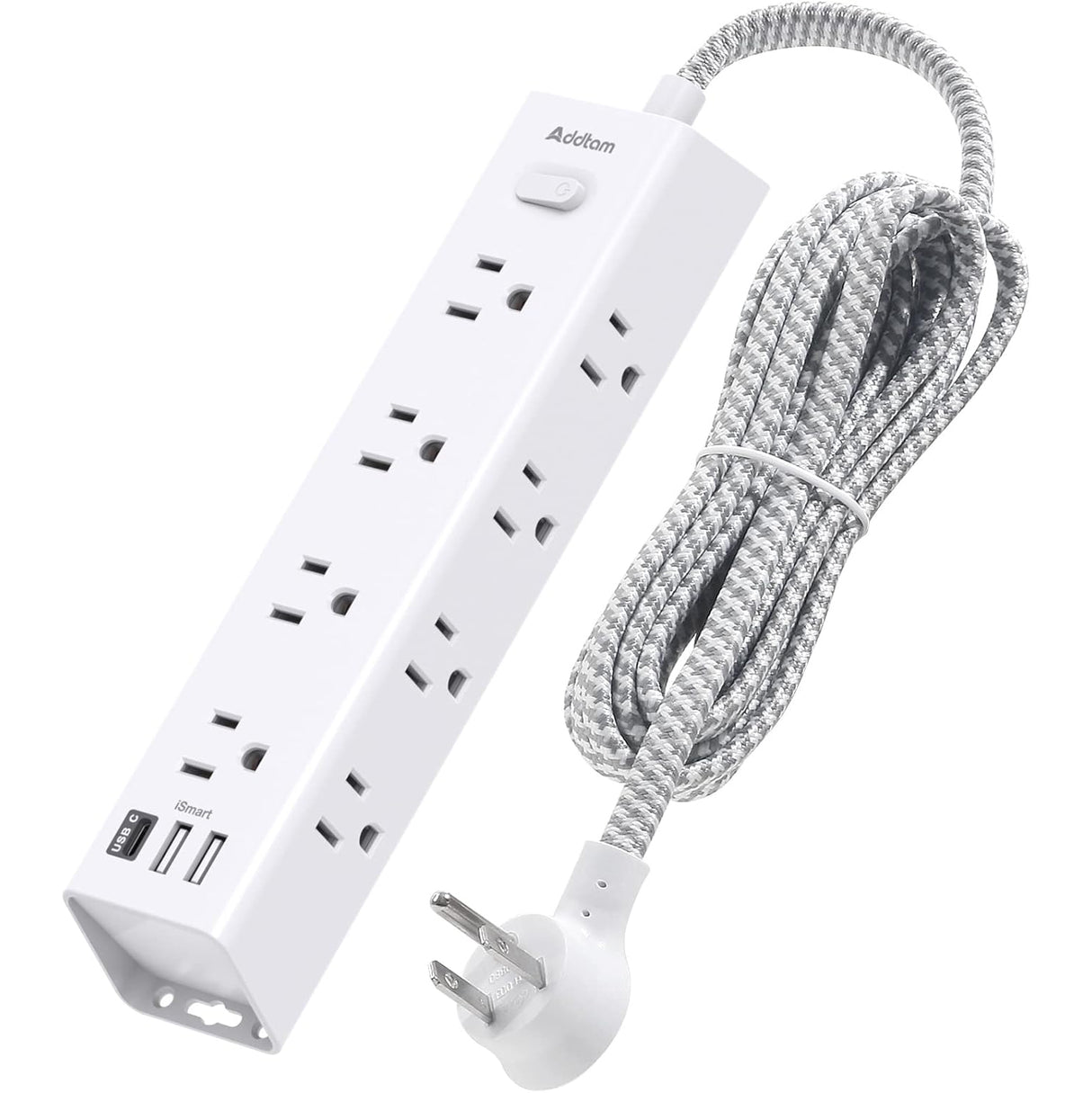 AD12W3U Addtam Cable de extensión de 15 pies con múltiples tomas, regleta de alimentación de enchufe plano con cable de 15 pies de largo, 12 tomas, 3 puertos USB (2USB C),