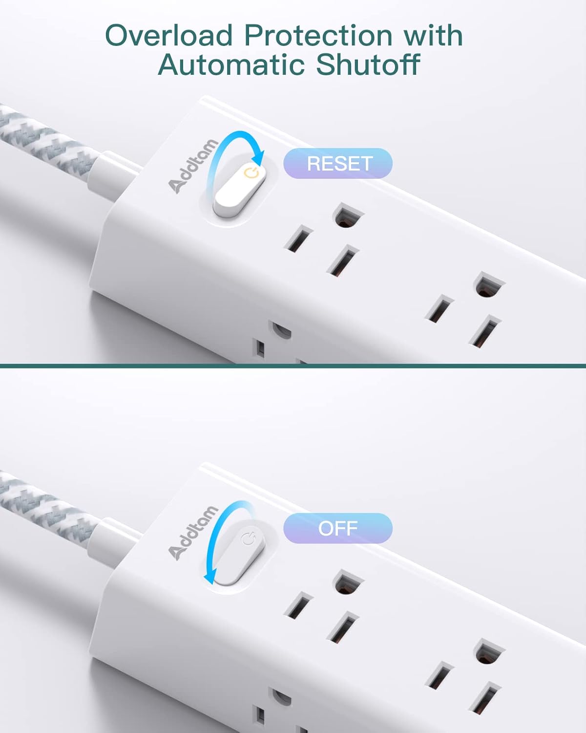 AD12W3U Addtam Cable de extensión de 15 pies con múltiples tomas, regleta de alimentación de enchufe plano con cable de 15 pies de largo, 12 tomas, 3 puertos USB (2USB C),