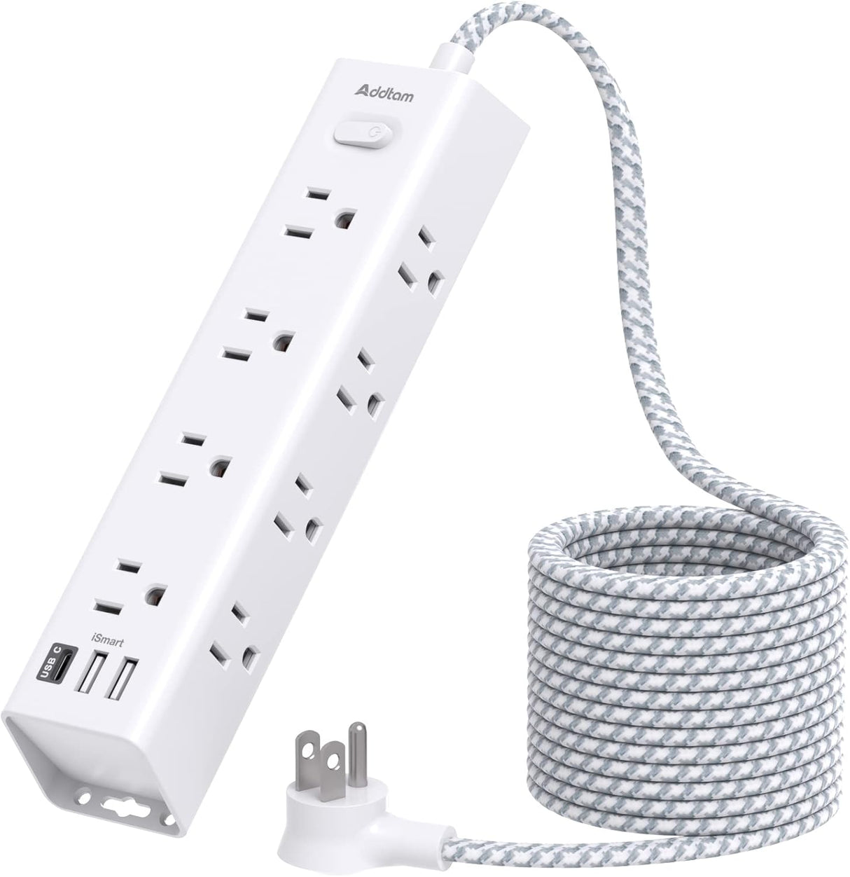 AD12W3U Addtam Cable de extensión de 15 pies con múltiples tomas, regleta de alimentación de enchufe plano con cable de 15 pies de largo, 12 tomas, 3 puertos USB (2USB C),