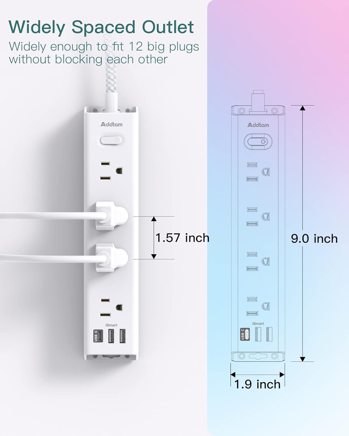 AD12W3U Addtam Cable de extensión de 15 pies con múltiples tomas, regleta de alimentación de enchufe plano con cable de 15 pies de largo, 12 tomas, 3 puertos USB (2USB C),