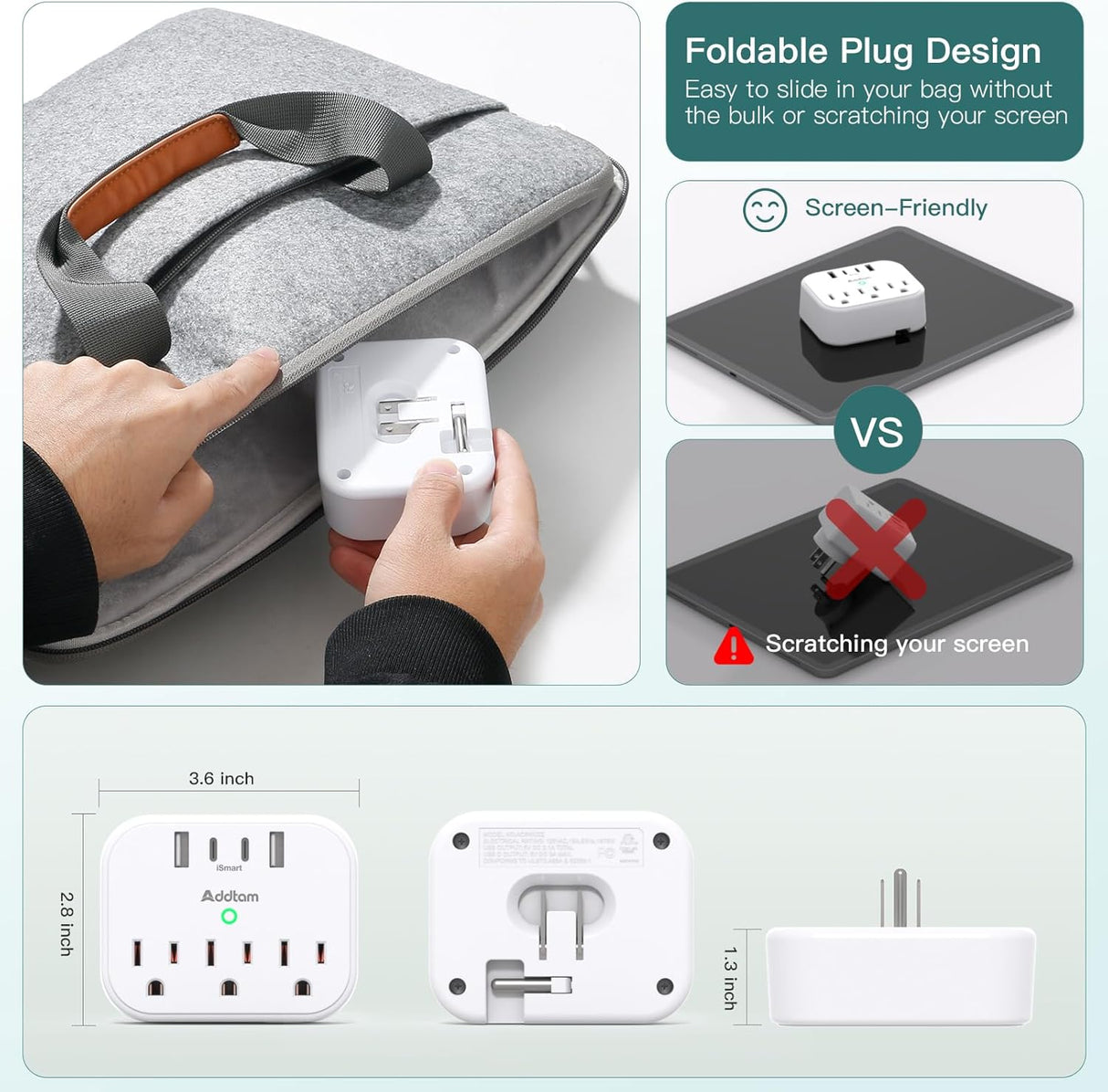 AD3WC2Z Addtam Tira de alimentación protector de sobretensión, extensor de salida de viaje con 3 tomacorrientes, 4 USB (2 USB-C)