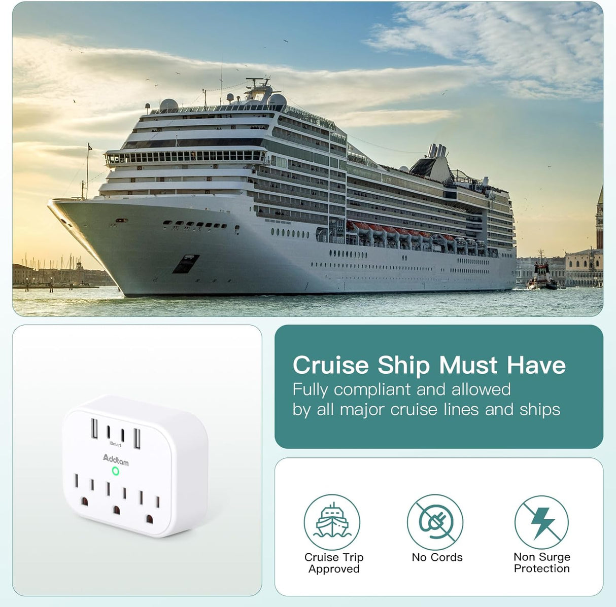 AD3WC2Z Addtam Tira de alimentación protector de sobretensión, extensor de salida de viaje con 3 tomacorrientes, 4 USB (2 USB-C)