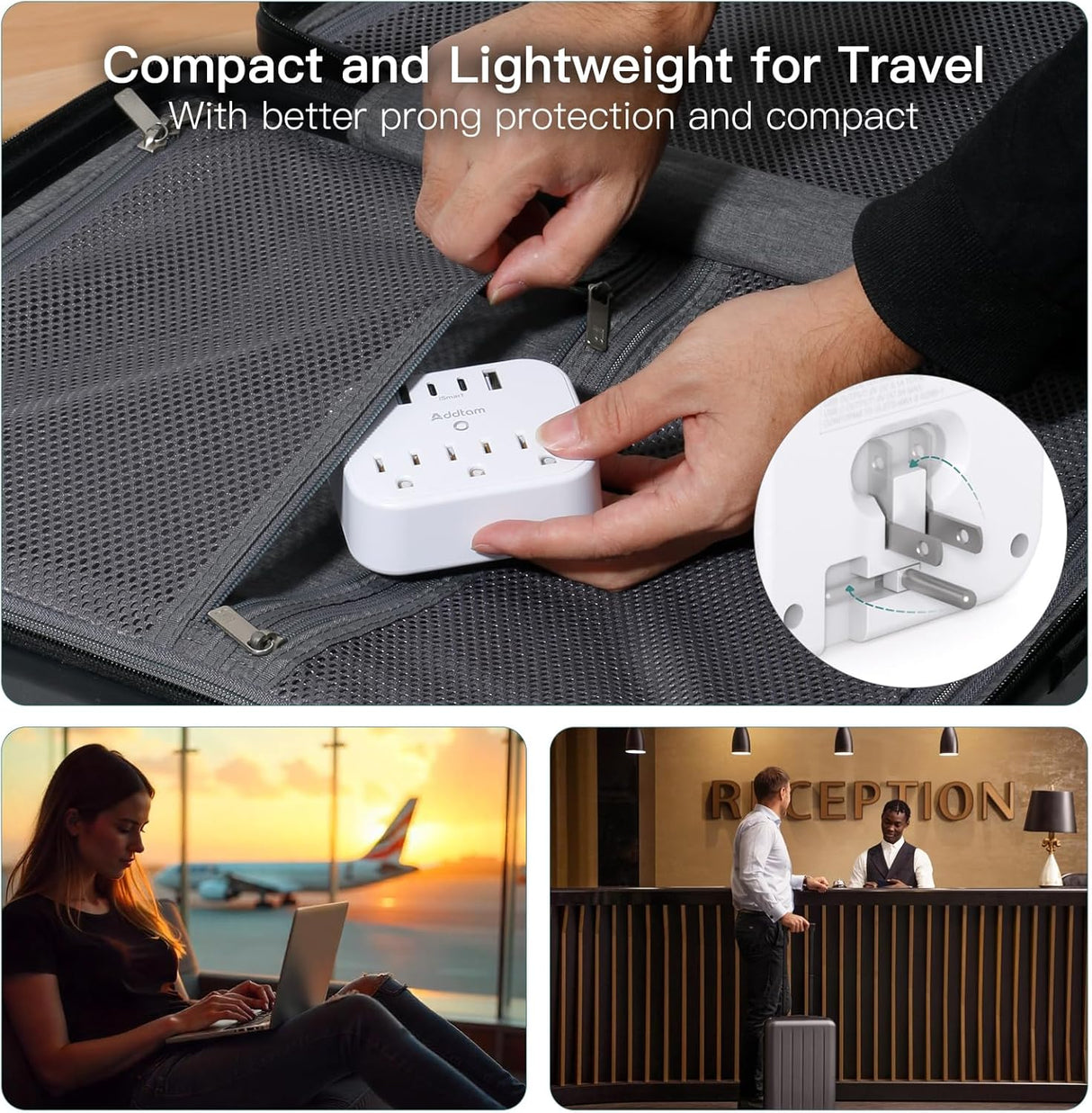 AD3WC2Z Addtam Tira de alimentación protector de sobretensión, extensor de salida de viaje con 3 tomacorrientes, 4 USB (2 USB-C)