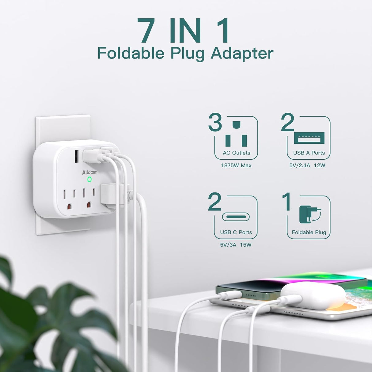 AD3WC2Z Addtam Tira de alimentación protector de sobretensión, extensor de salida de viaje con 3 tomacorrientes, 4 USB (2 USB-C)
