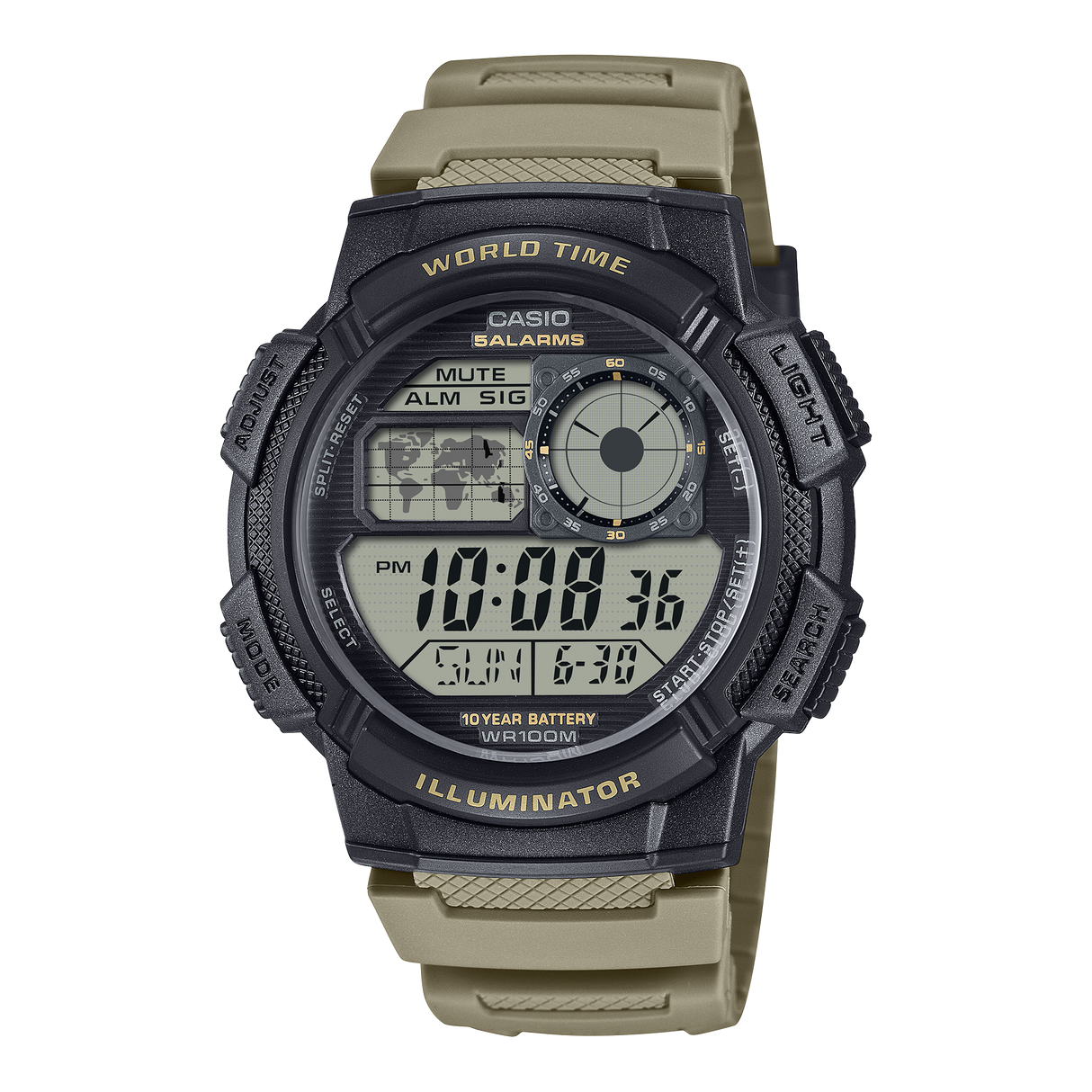 AE-1000 Reloj Casio para Hombre Banda de Goma Digital Illuminator Hora Mundial 10 Años de Batería