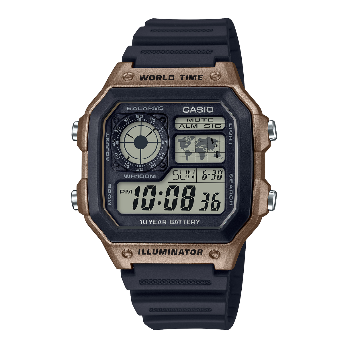 AE-1200 Reloj Casio para Hombre Pulsera de Caucho Digital Illuminator Hora Mundial 10 Años de Batería