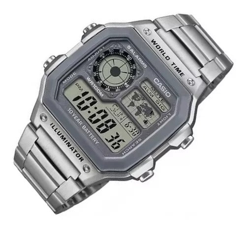 AE-1200 Reloj Casio para Hombre Pulsera de Metal Digital Illuminator Hora Mundial 10 Años de Batería