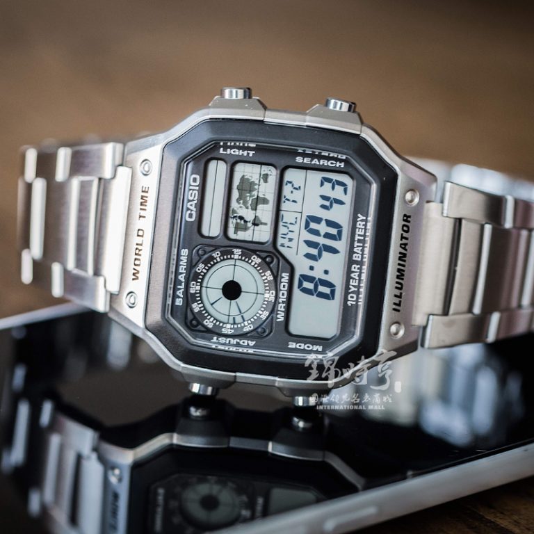AE-1200 Reloj Casio para Hombre Pulsera de Metal Digital Illuminator Hora Mundial 10 Años de Batería