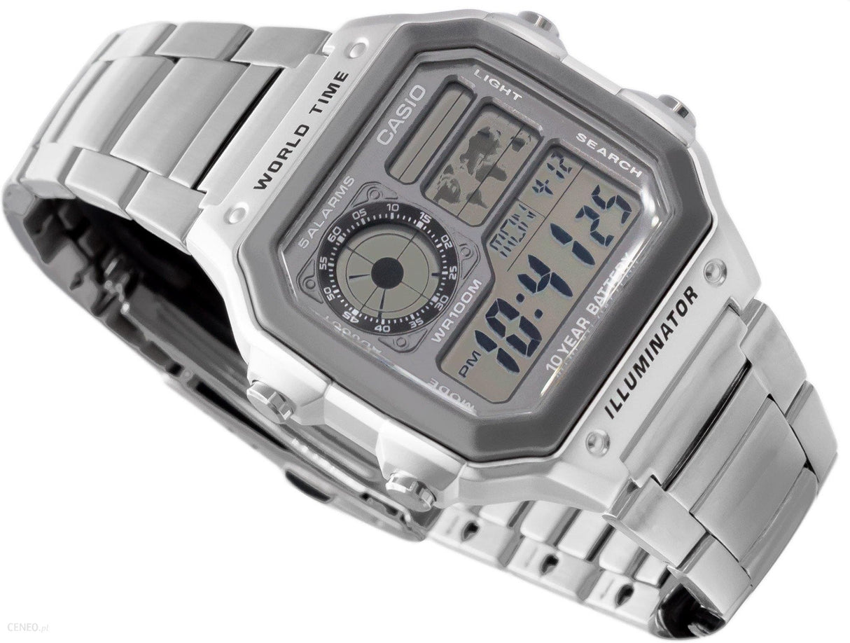 AE-1200 Reloj Casio para Hombre Pulsera de Metal Digital Illuminator Hora Mundial 10 Años de Batería