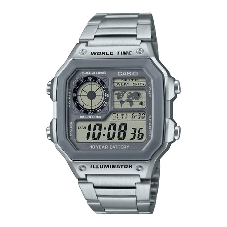 AE-1200 Reloj Casio para Hombre Pulsera de Metal Digital Illuminator Hora Mundial 10 Años de Batería