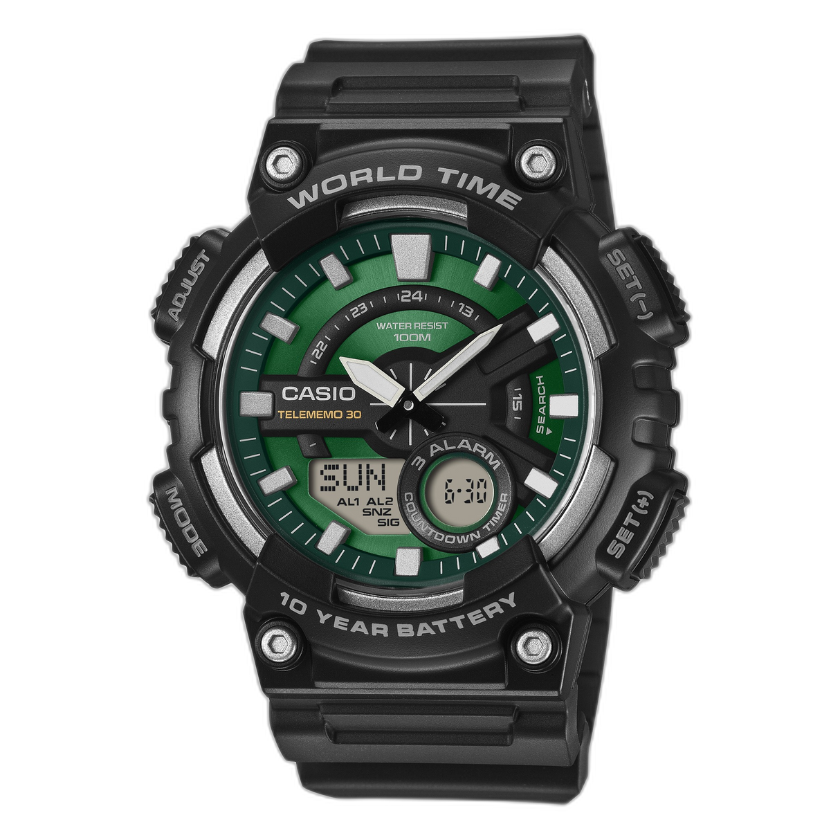 AEQ-110 Reloj Casio para Hombre Banda de Caucho Doble hora Hora Mundial, Telememo 30, 10 Años de Batería