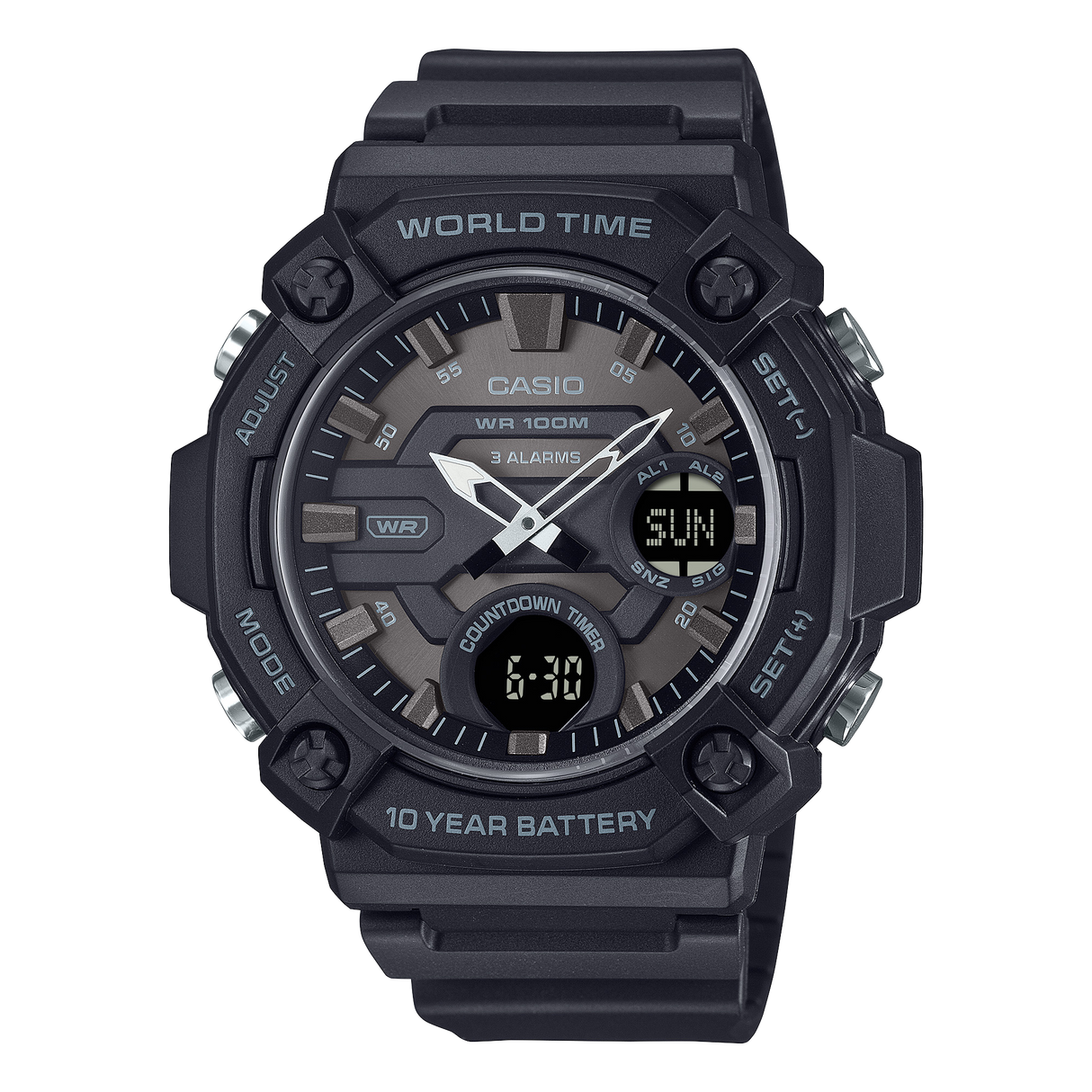 AEQ-120 Reloj Casio para Hombre Pulsera de Caucho Doble hora Hora Mundial 10 Años de Batería