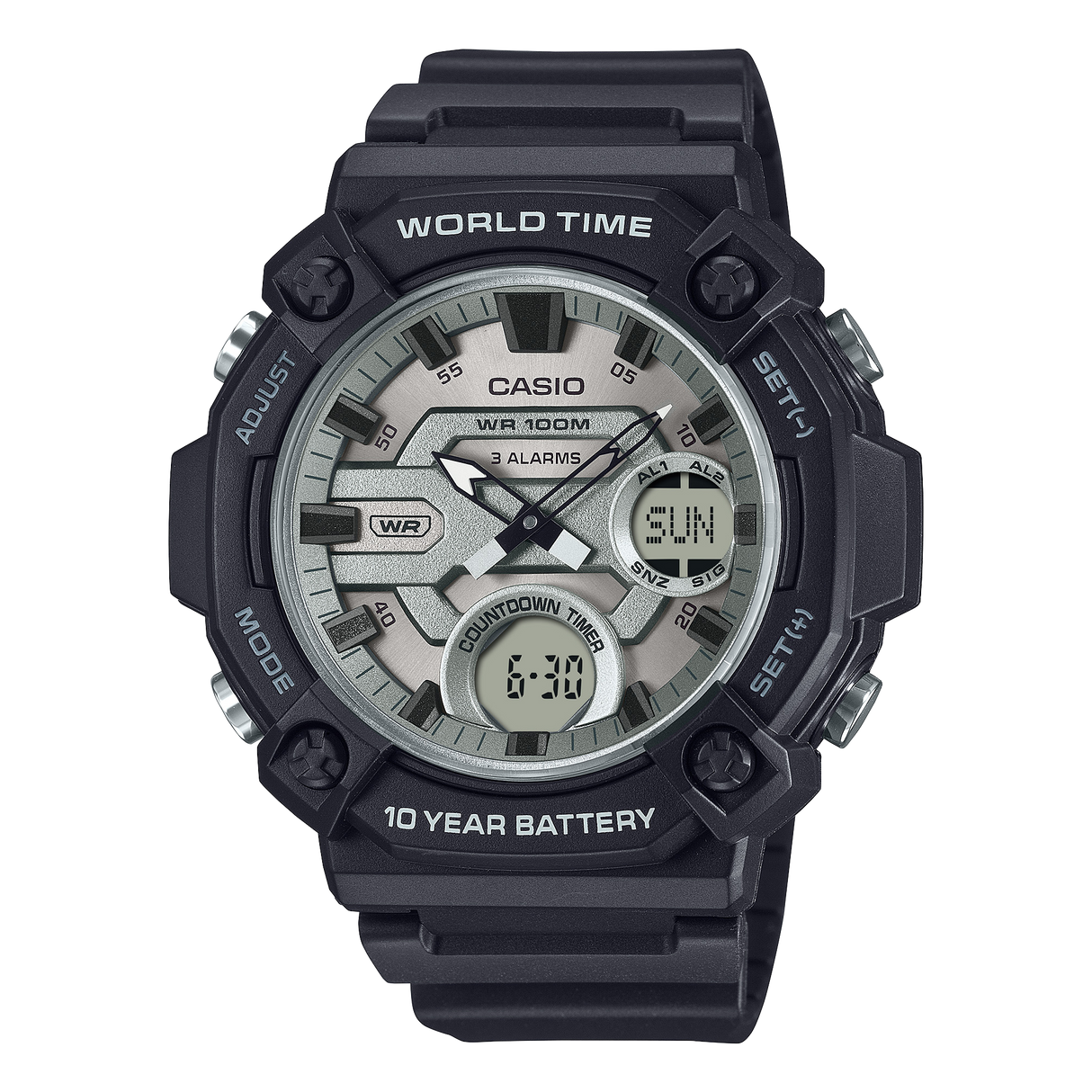 AEQ-120 Reloj Casio para Hombre Pulsera de Caucho Doble hora Hora Mundial 10 Años de Batería
