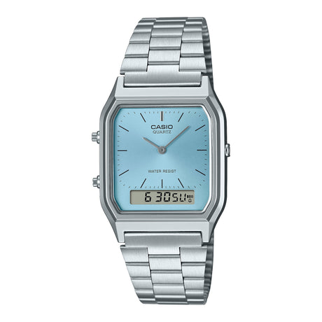 AQ-230 Reloj Casio Unisex Pulsera de Acero Inoxidable Doble hora Vintage Clásico