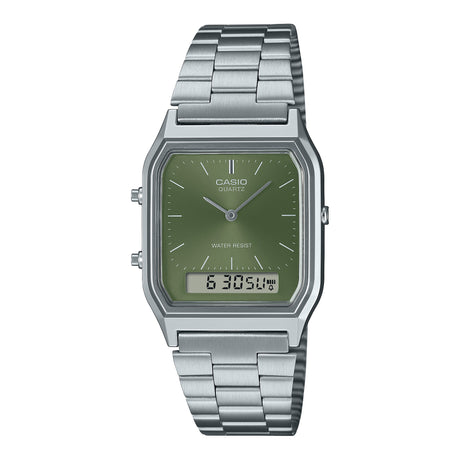 AQ-230 Reloj Casio Unisex Pulsera de Acero Inoxidable Doble hora Vintage Clásico