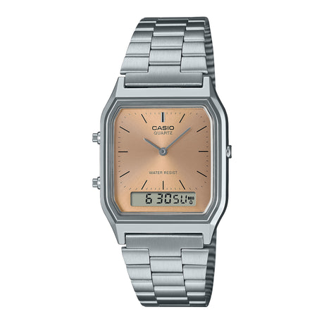AQ-230 Reloj Casio Unisex Pulsera de Acero Inoxidable Doble hora Vintage Clásico
