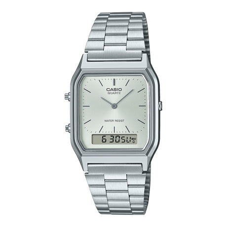 AQ-230 Reloj Casio Unisex Pulsera de Acero Inoxidable Doble hora Vintage Clásico