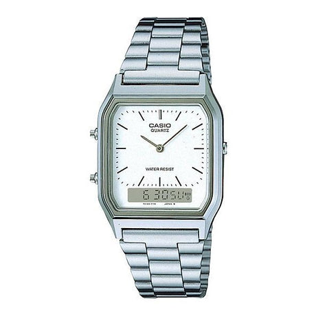 AQ-230 Reloj Casio Unisex Pulsera de Acero Inoxidable Doble hora Vintage Clásico