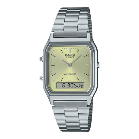 AQ-230 Reloj Casio Unisex Pulsera de Acero Inoxidable Doble hora Vintage Clásico