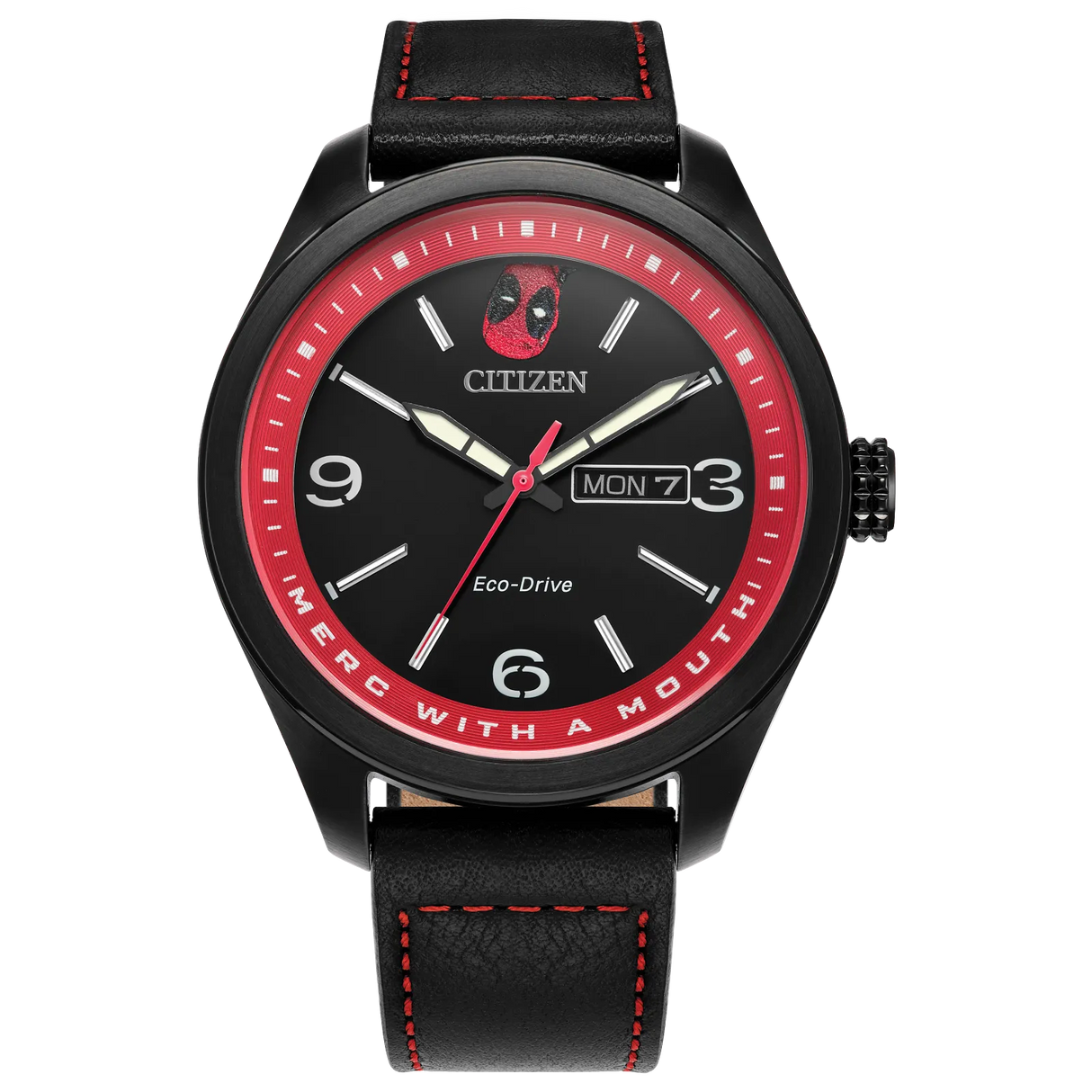 AW0145-02W Reloj Citizen Here comes Deadpool Marvel Edition de caballero cuero