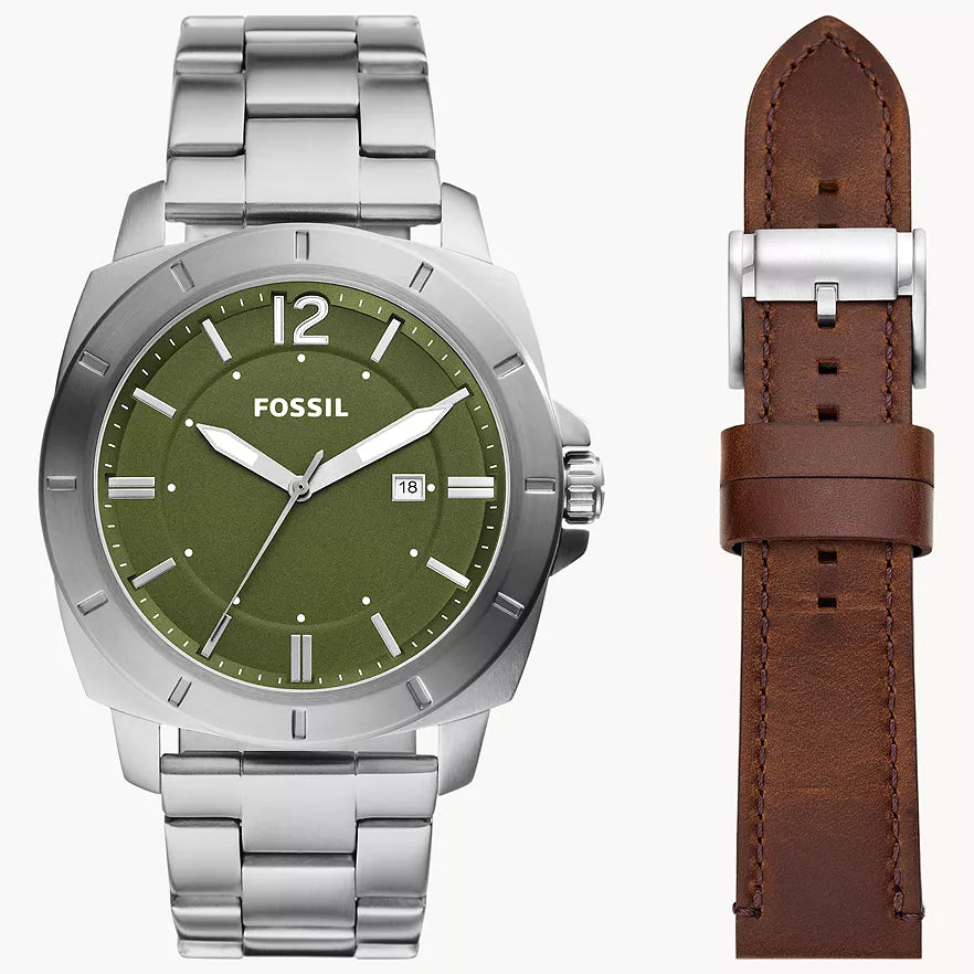 BQ2795SET Reloj Fossil Privateer de hombre pulsera de metal más pulsera de cuero 45mm