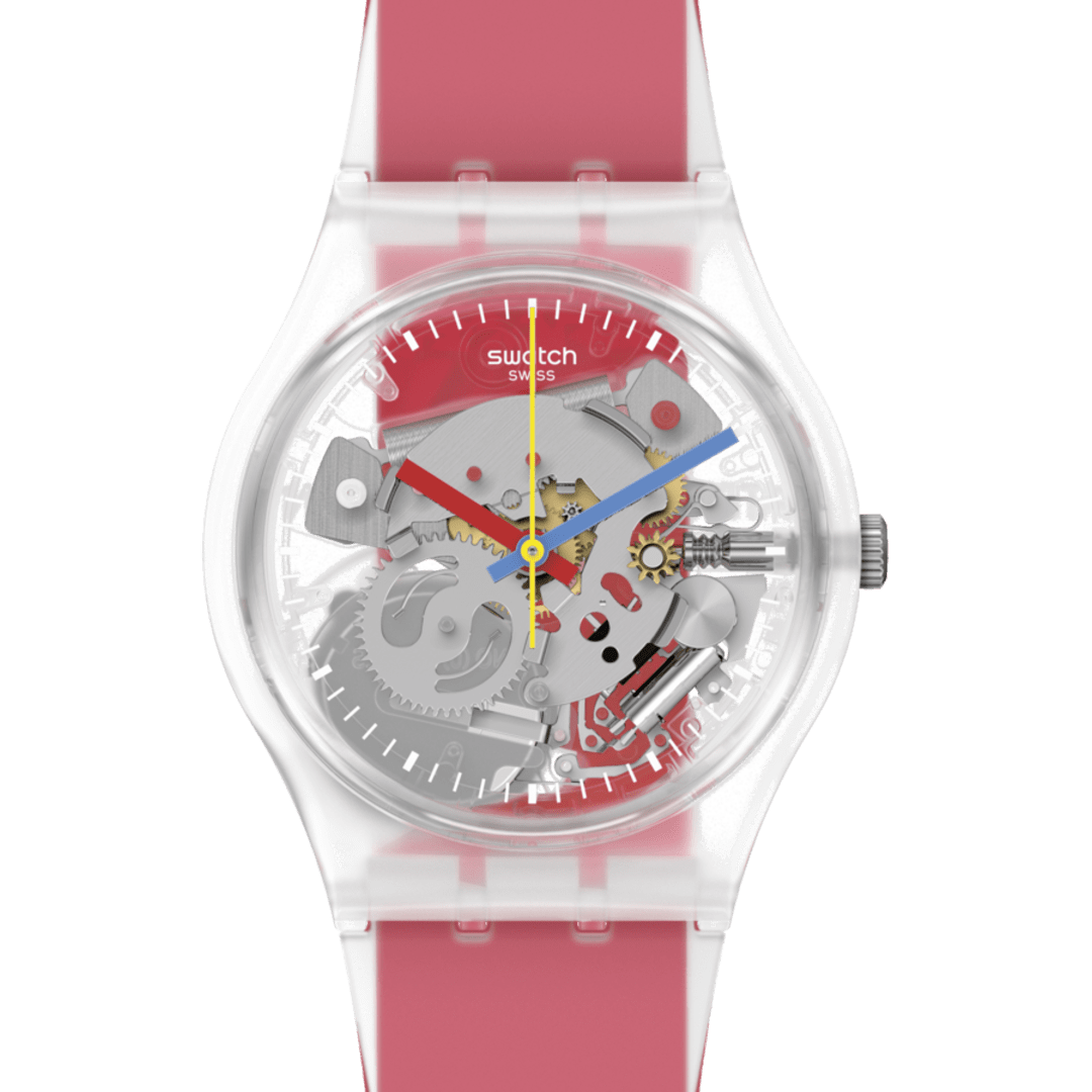 GE292 Reloj Swatch Clearly Red Striped unisex correa de resina