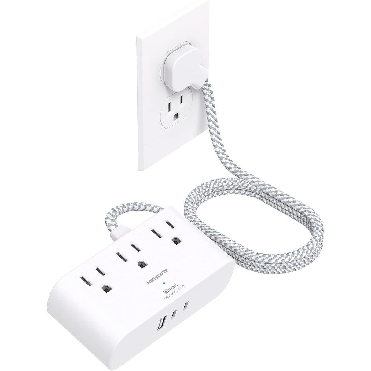 HN93T Hanycony Tira de alimentación de enchufe plano de 6 pies, cable de extensión plano ultrafino, 3 tomacorrientes, 3 puertos USB (2 USB C)