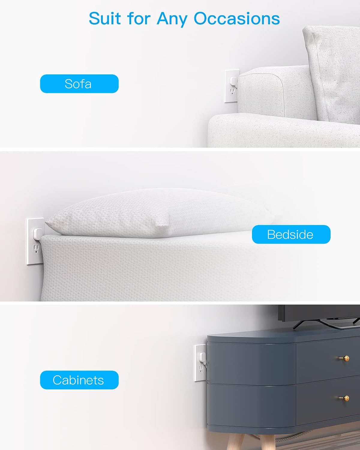 HN93T Hanycony Tira de alimentación de enchufe plano de 6 pies, cable de extensión plano ultrafino, 3 tomacorrientes, 3 puertos USB (2 USB C)