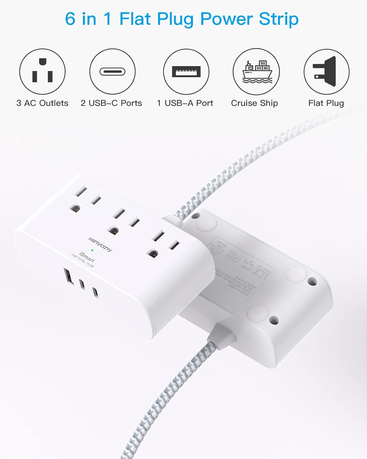 HN93T Hanycony Tira de alimentación de enchufe plano de 6 pies, cable de extensión plano ultrafino, 3 tomacorrientes, 3 puertos USB (2 USB C)