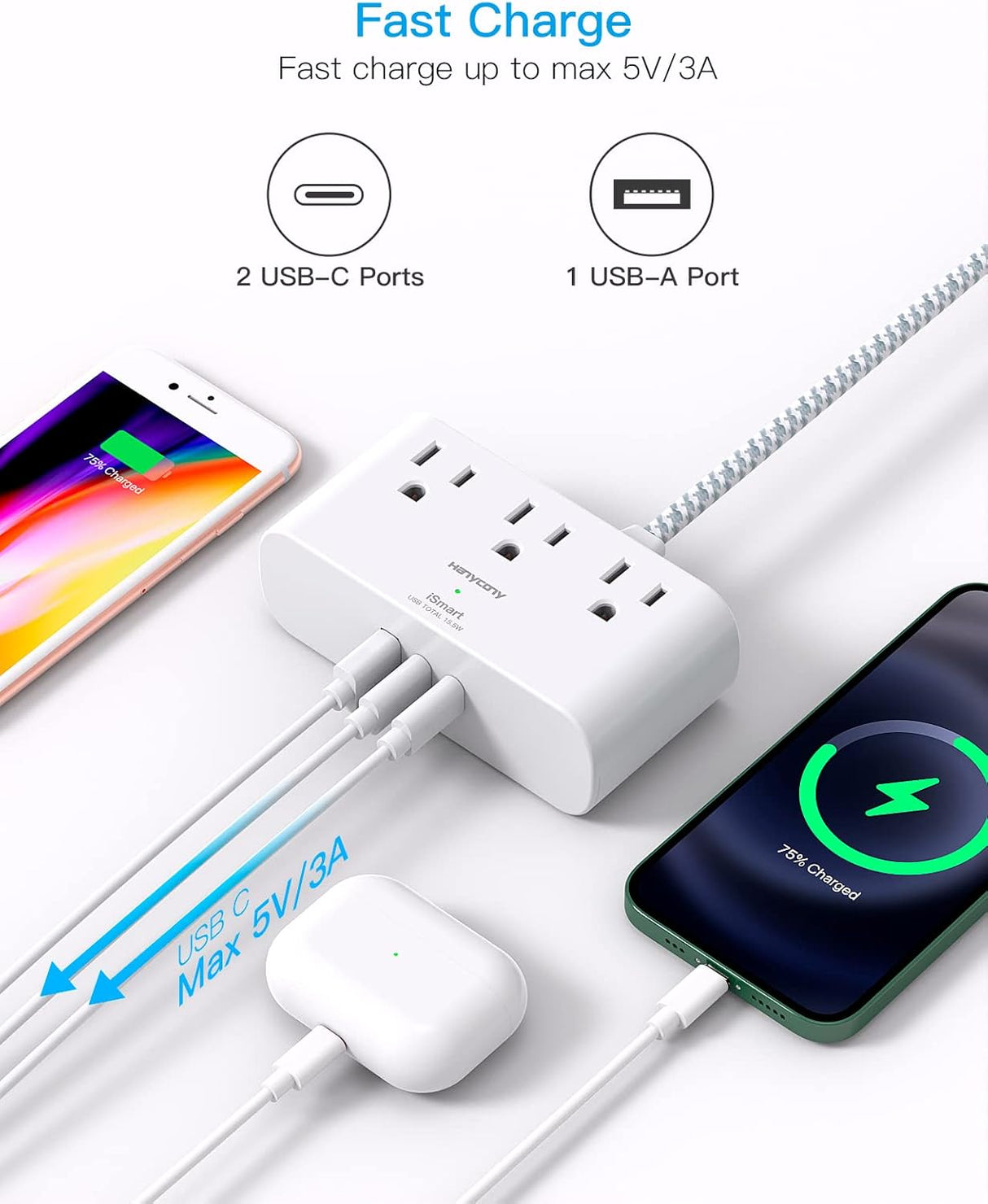 HN93T Hanycony Tira de alimentación de enchufe plano de 6 pies, cable de extensión plano ultrafino, 3 tomacorrientes, 3 puertos USB (2 USB C)