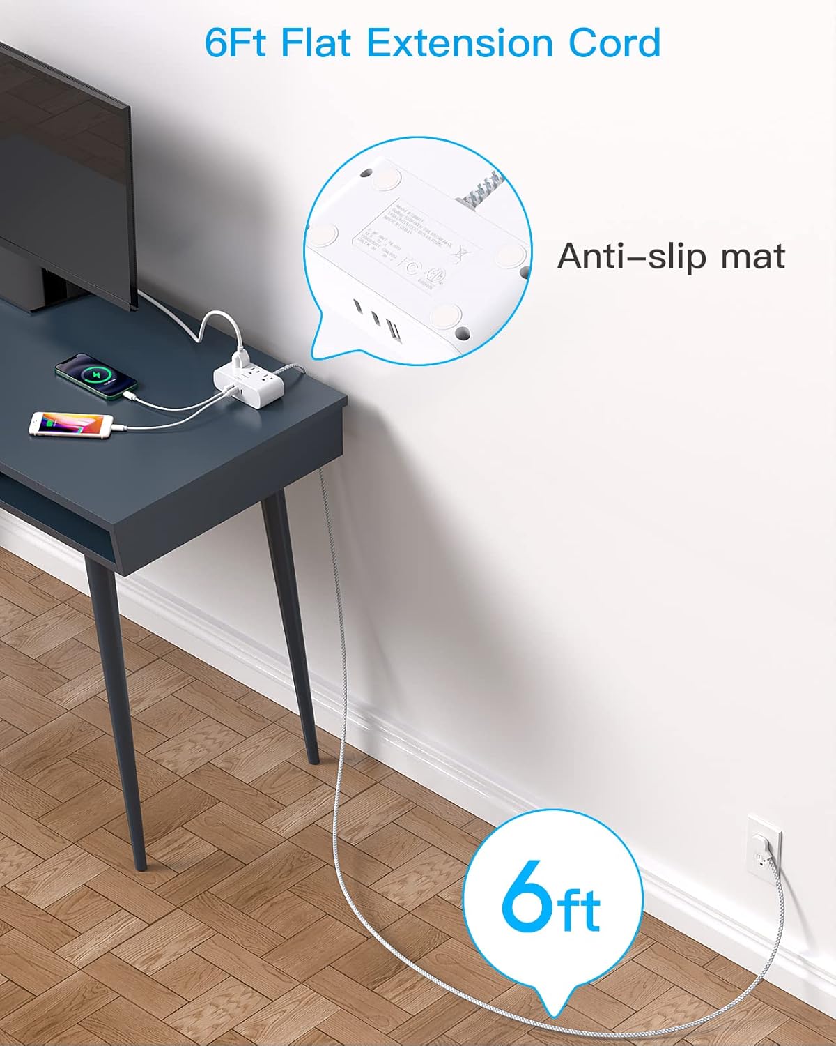 HN93T Hanycony Tira de alimentación de enchufe plano de 6 pies, cable de extensión plano ultrafino, 3 tomacorrientes, 3 puertos USB (2 USB C)