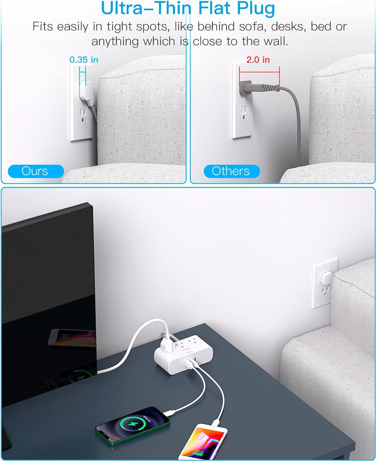 HN93T Hanycony Tira de alimentación de enchufe plano de 6 pies, cable de extensión plano ultrafino, 3 tomacorrientes, 3 puertos USB (2 USB C)