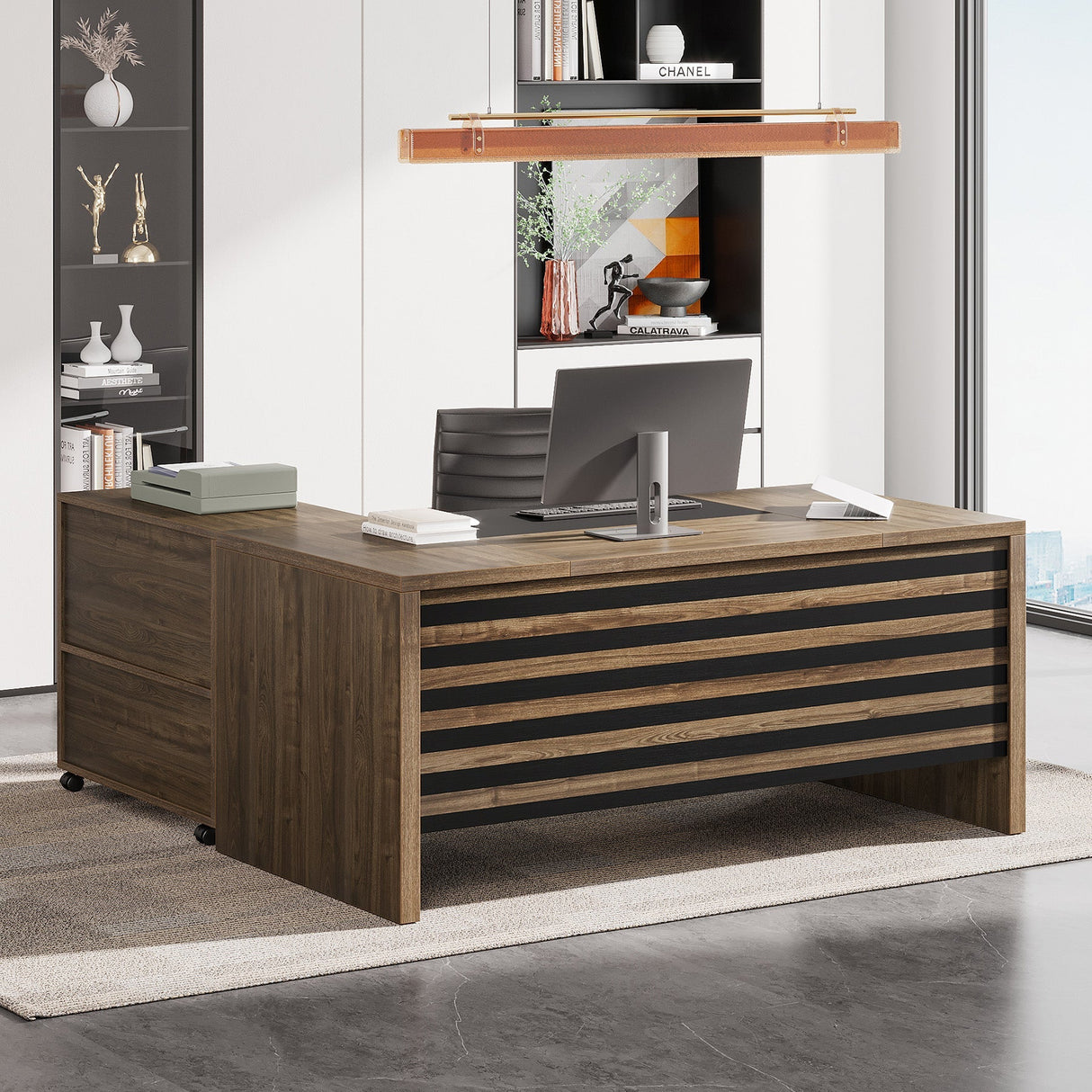 Escritorio para oficina en forma de L de 168 cm: Escritorio para computadora con gabinete de archivos móvil Tribesigns HOGA-NY177