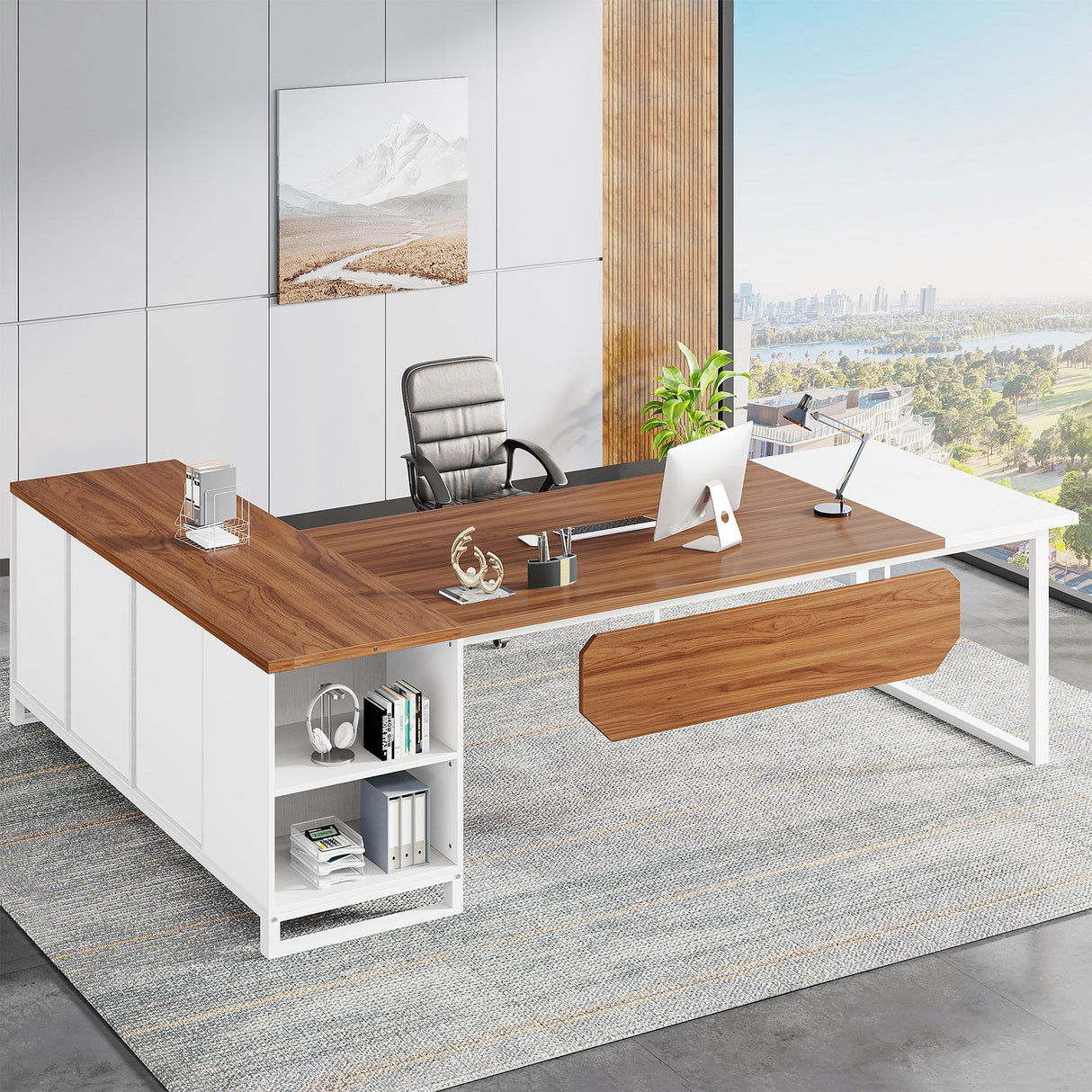 Escritorio para oficina grande en forma de L con gabinete Tribesigns HOGA-XK00592