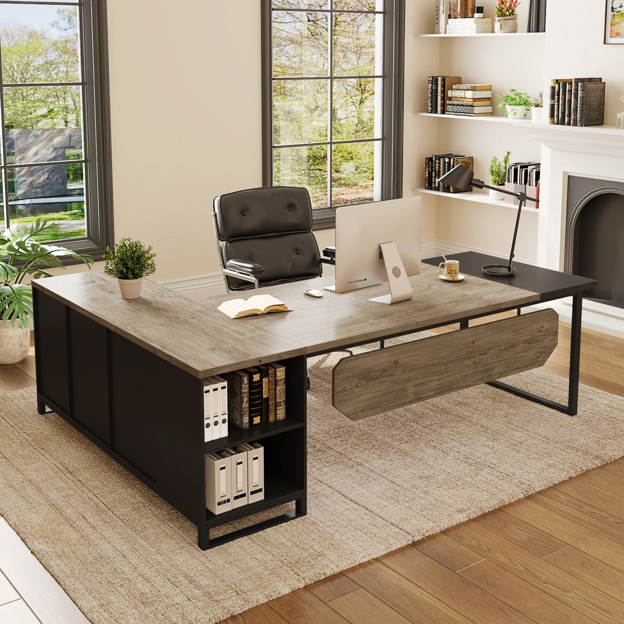 Escritorio grande en forma de L de 180 cm: Escritorio ejecutivo con gabinete de archivos de 140 cm Tribesigns HOGA-XK00665