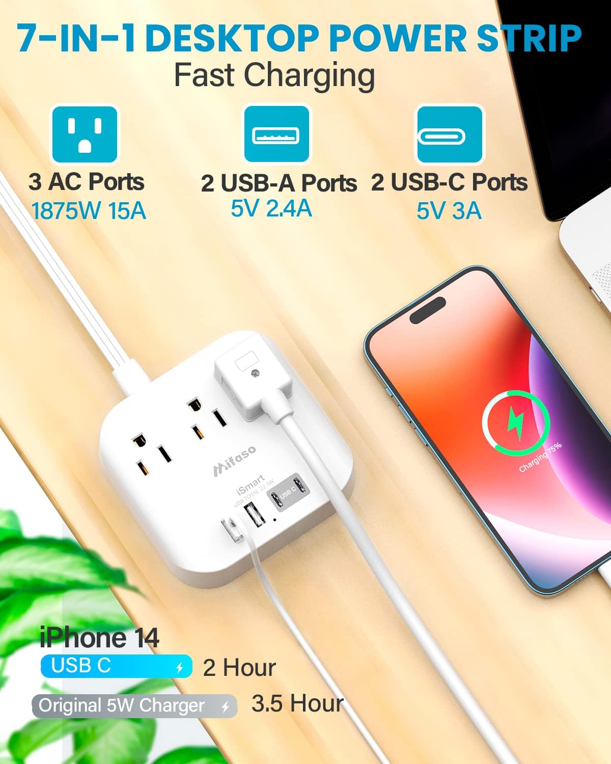 Regleta Mifaso MFS35A - 3 Conexiones, 2 USB A, 2 USB C