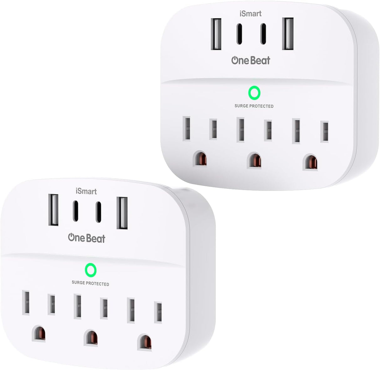 OB6016C2P One Beat Paquete de 2 divisores de enchufes múltiples con USB, extensor de salida protector de sobretensiones con 3 salidas de pared, 4 cargadores de pared USB (2 USB C)