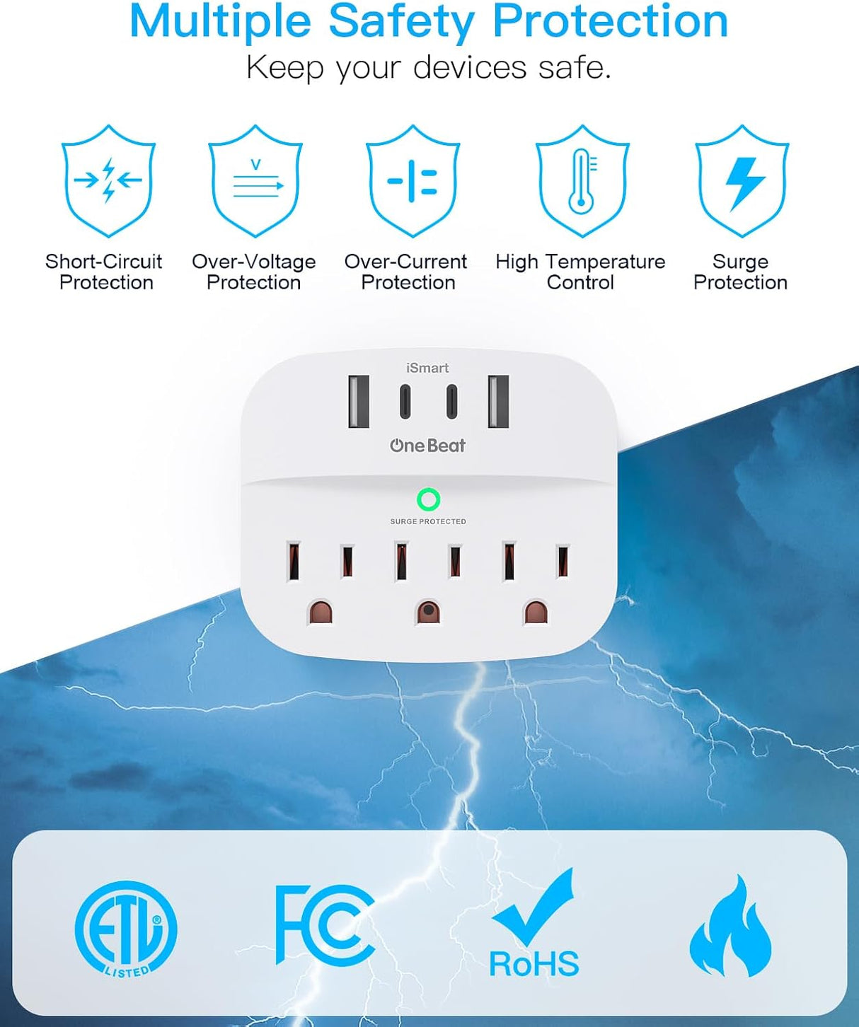 OB6016C2P One Beat Paquete de 2 divisores de enchufes múltiples con USB, extensor de salida protector de sobretensiones con 3 salidas de pared, 4 cargadores de pared USB (2 USB C)