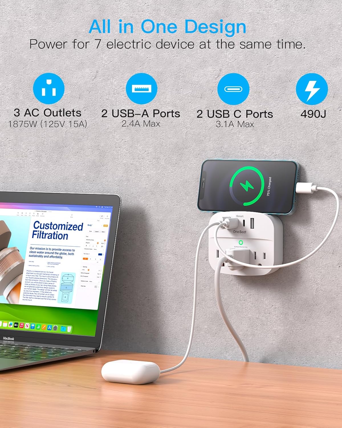 OB6016C2P One Beat Paquete de 2 divisores de enchufes múltiples con USB, extensor de salida protector de sobretensiones con 3 salidas de pared, 4 cargadores de pared USB (2 USB C)