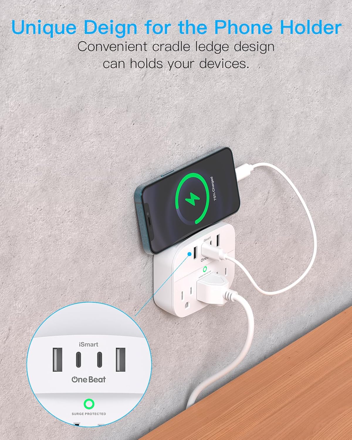 OB6016C2P One Beat Paquete de 2 divisores de enchufes múltiples con USB, extensor de salida protector de sobretensiones con 3 salidas de pared, 4 cargadores de pared USB (2 USB C)