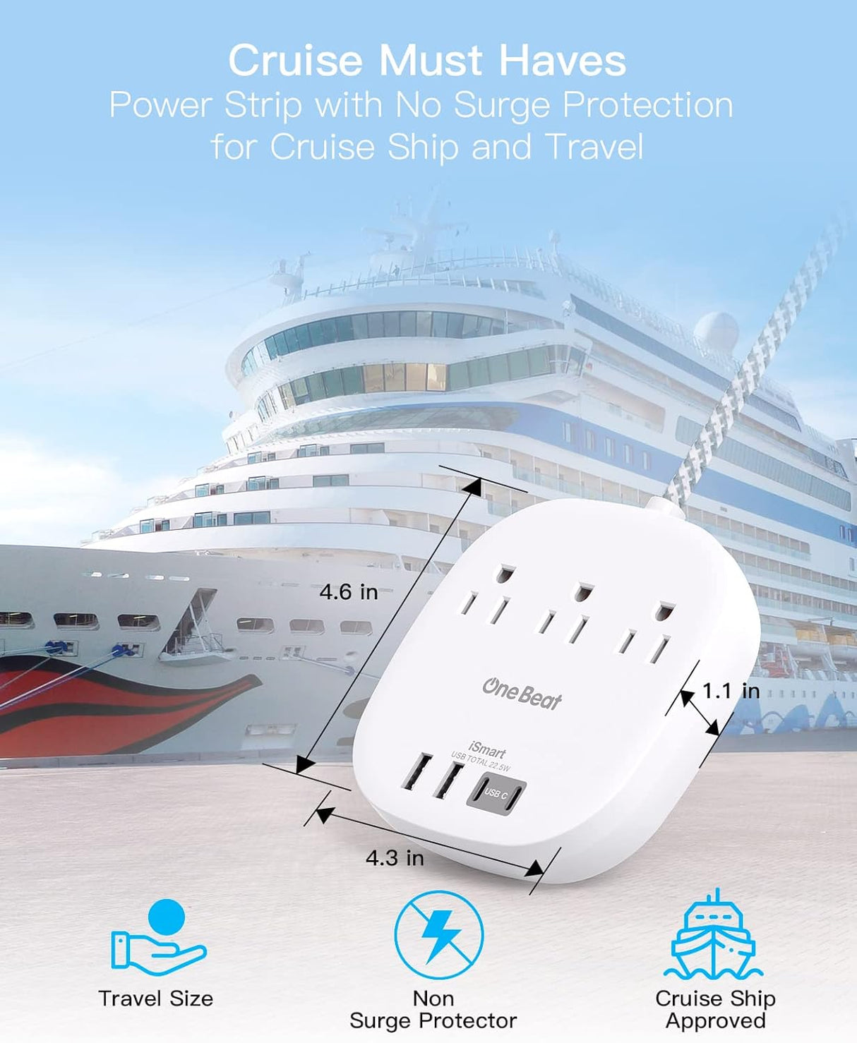 THUS03UC2 Onebeat Regleta multicontacto, cable de extensión ultraplano de 1.5 m, 3 tomas, 4 puertos USB (2 USB C)