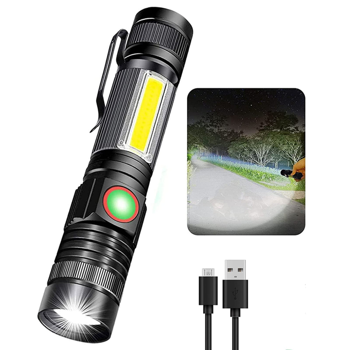 Linterna LED Recargable con Luz Lateral y Zoom
