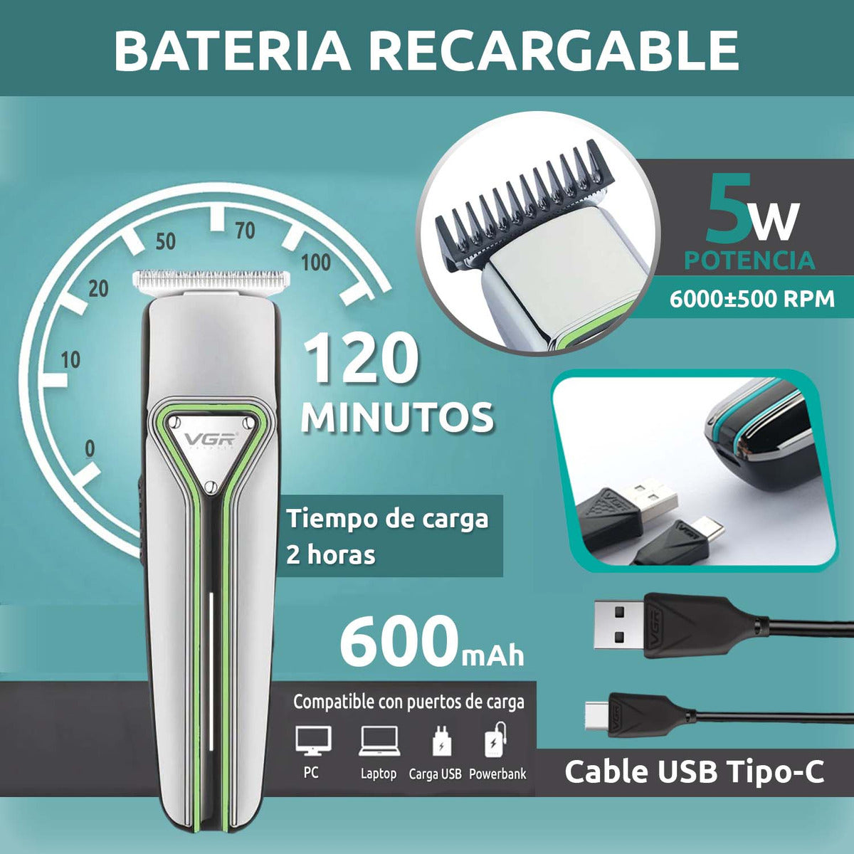 V-008 Rasuradora VGR Patillera profesional cargador Tipo C