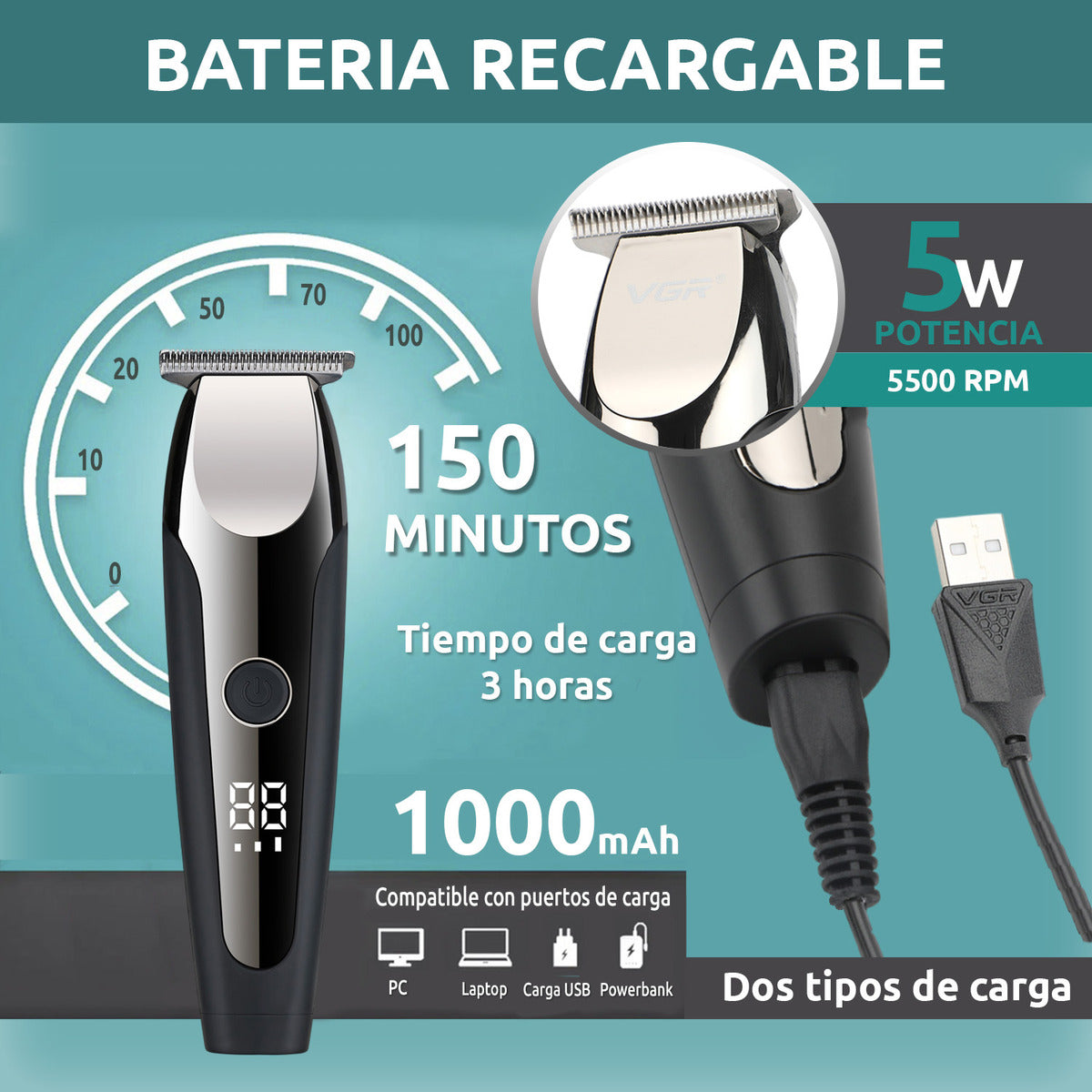 V-059 Maquina patillera VGR color negro recargable